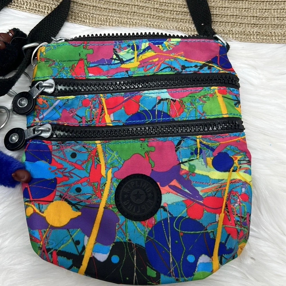 Kipling paint splash Crossbody Purse Handbags Key Chain W/Monkeys Collectible